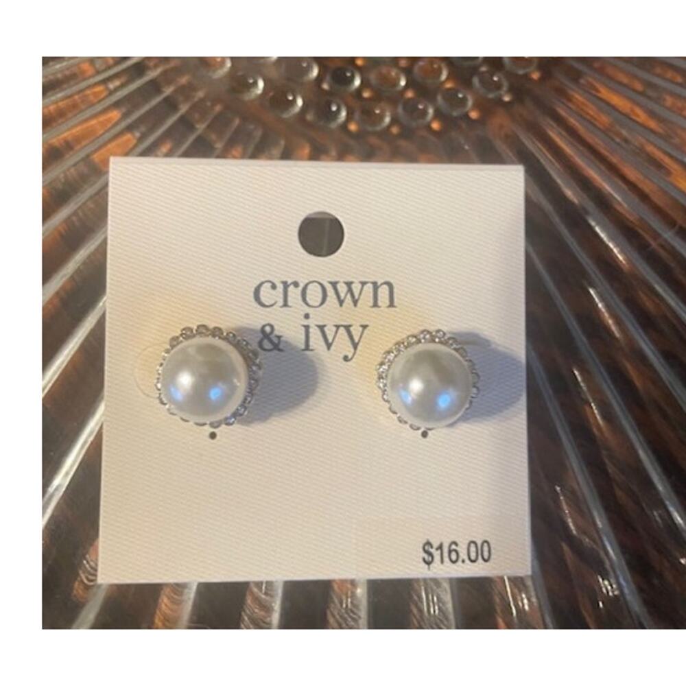 Crown‎ & Ivy Faux Pearl & Cubic Zirconium Stud Earrings NWT